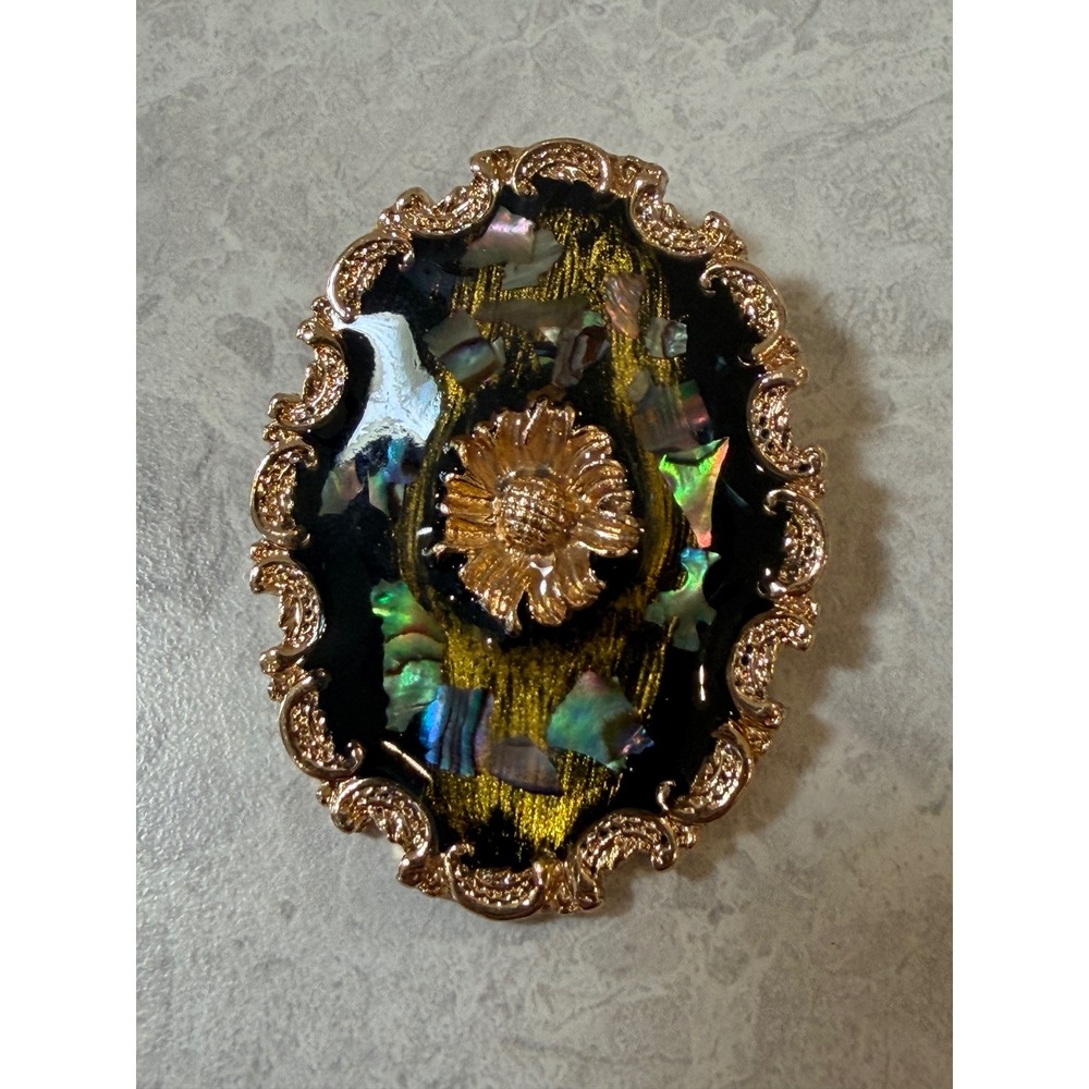 Vintage Gold Tone Abalone Shell Flower Oval Brooch Pin Black Gold Iridescent